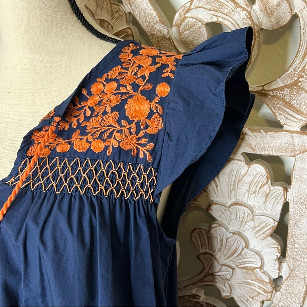 EUC L Love Blue Ruffled Navy Orange Embroidered Tiered Sundress w Tassels S M - Picture 3 of 7